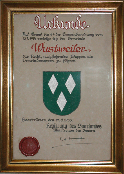 Urkunde zum Wappen von Wustweiler