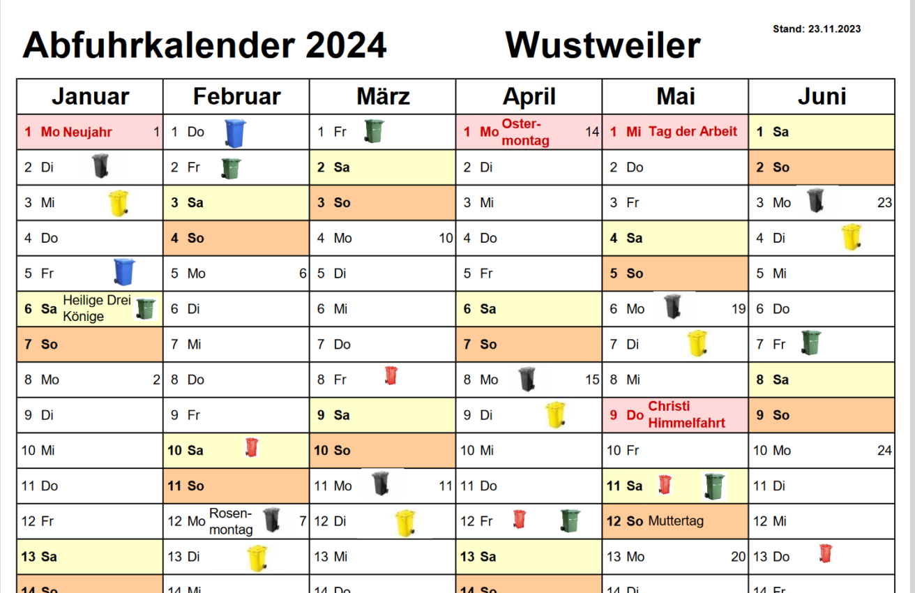 Abfuhrkalender Wustweiler 2024 - Quelle: www.illingen.de